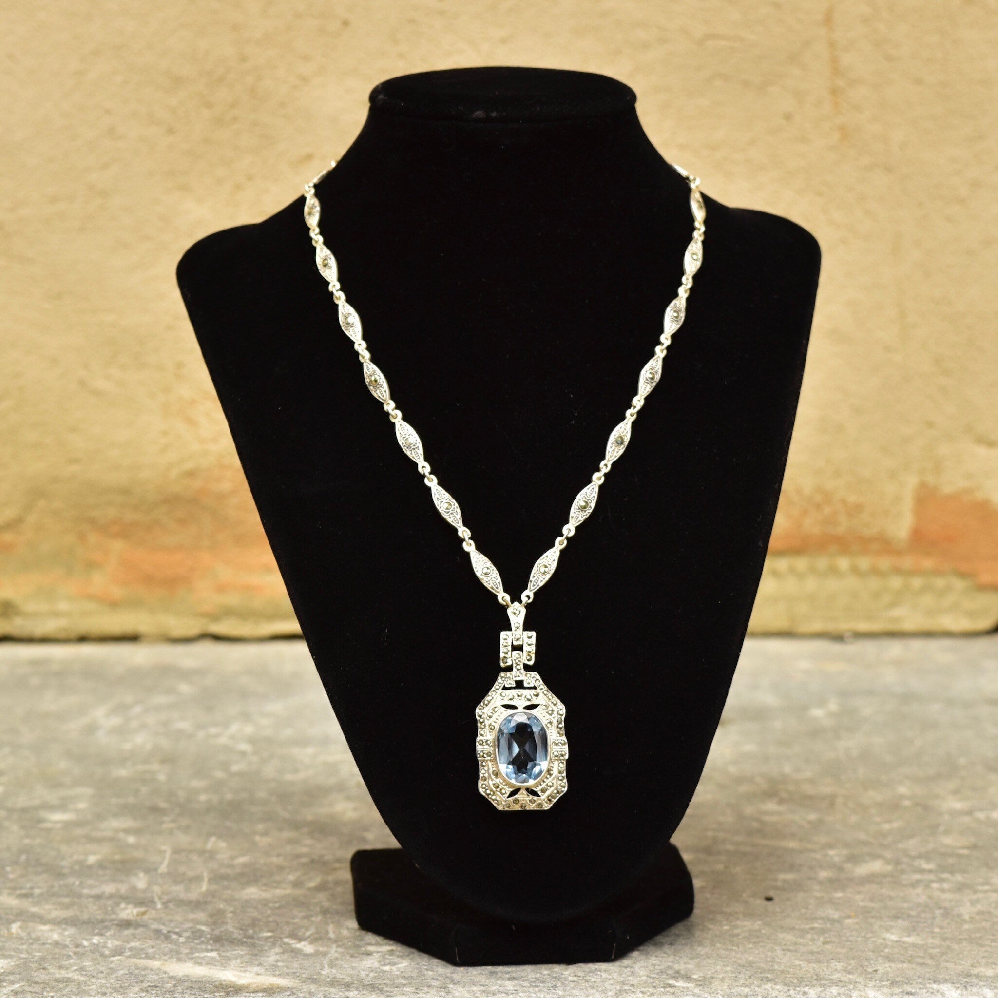 Art Deco Sterling Silver Blue Topaz Lavalier Necklace, Marcasite Encrusted, Ornate Marquise Link Chain, 17" L