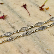 Art Deco Sterling Silver Blue Topaz Lavalier Necklace, Marcasite Encrusted, Ornate Marquise Link Chain, 17" L