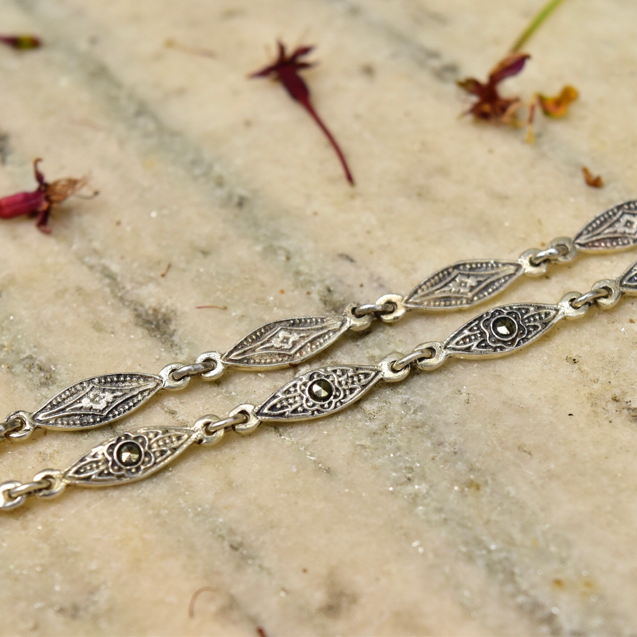 Art Deco Sterling Silver Blue Topaz Lavalier Necklace, Marcasite Encrusted, Ornate Marquise Link Chain, 17" L