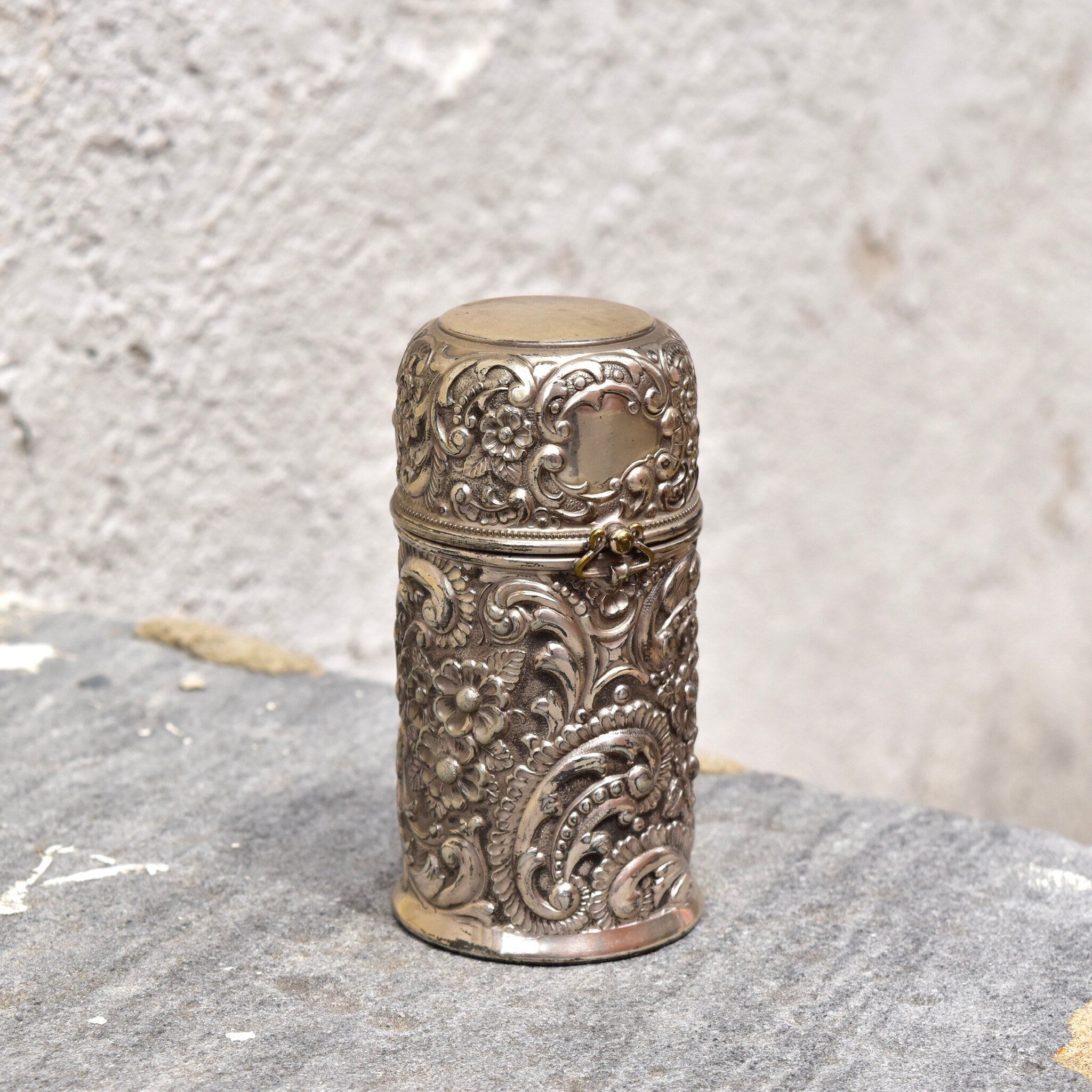Antique Wilcox Company Repousse Perfume Bottle Holder #3385, Quadruple Silver Plated, Art Nouveau Floral/Scroll Designs, 4 1/4"