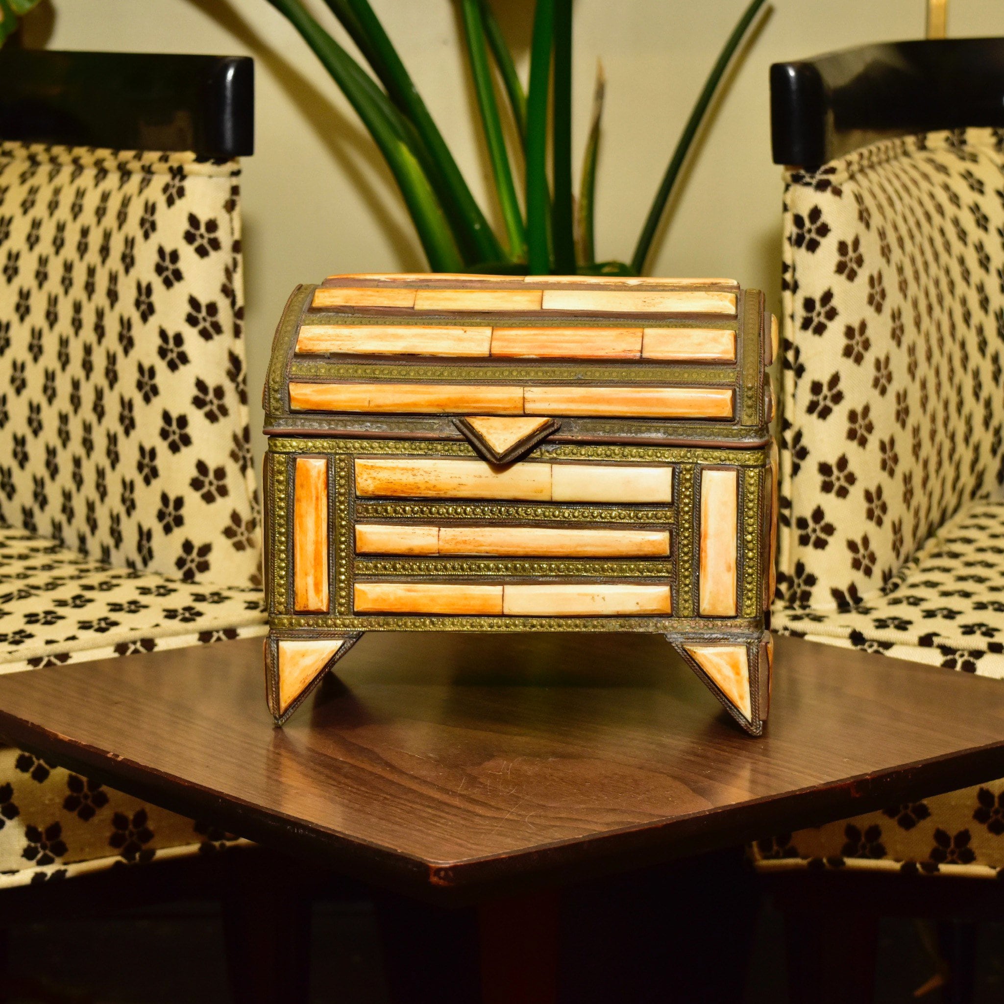 Vintage Moroccan Decorative Jewelry Box, Hand Carved Camel Bone & Repousse Brass Inlay, Moorish Jewelry Box, 7.25" H