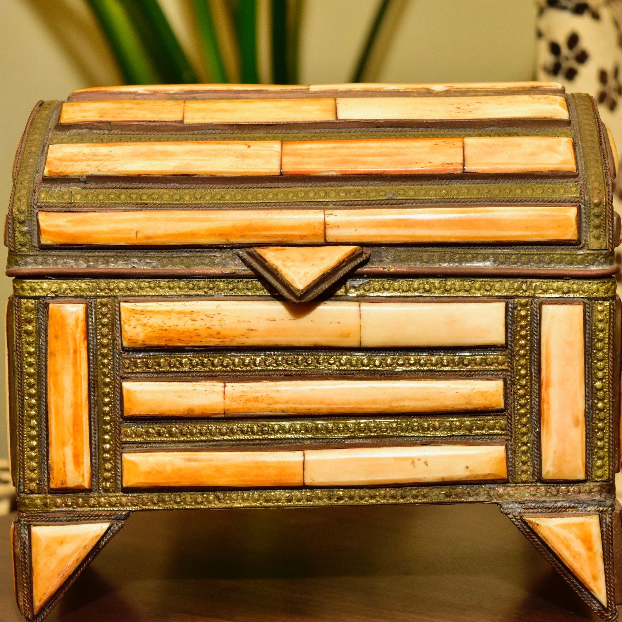 Vintage Moroccan Decorative Jewelry Box, Hand Carved Camel Bone & Repousse Brass Inlay, Moorish Jewelry Box, 7.25" H