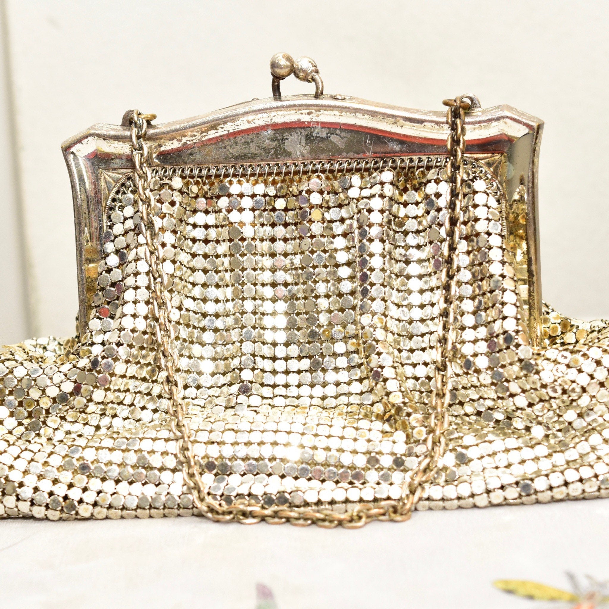 Vintage Whiting & Davis Co. Mesh Silver Evening Bag, Cute Sparkly Clutch/Coin Purse, Fancy Box Pouch, Upholstered Lining, Art Deco