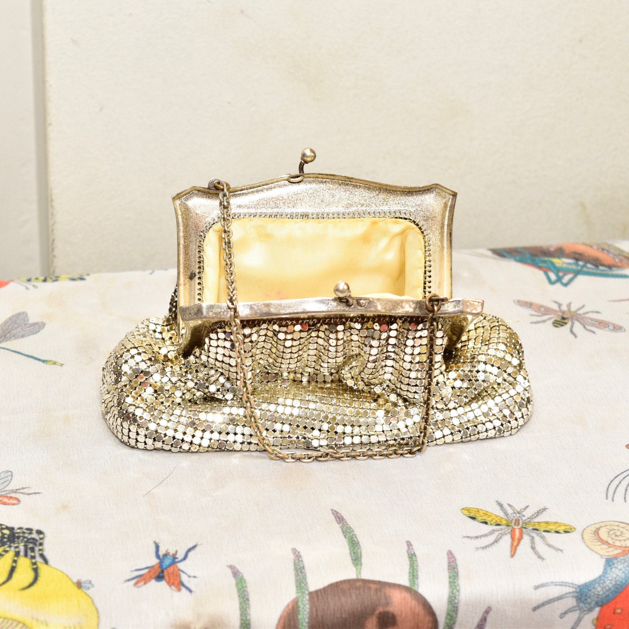 Vintage Whiting & Davis Co. Mesh Silver Evening Bag, Cute Sparkly Clutch/Coin Purse, Fancy Box Pouch, Upholstered Lining, Art Deco