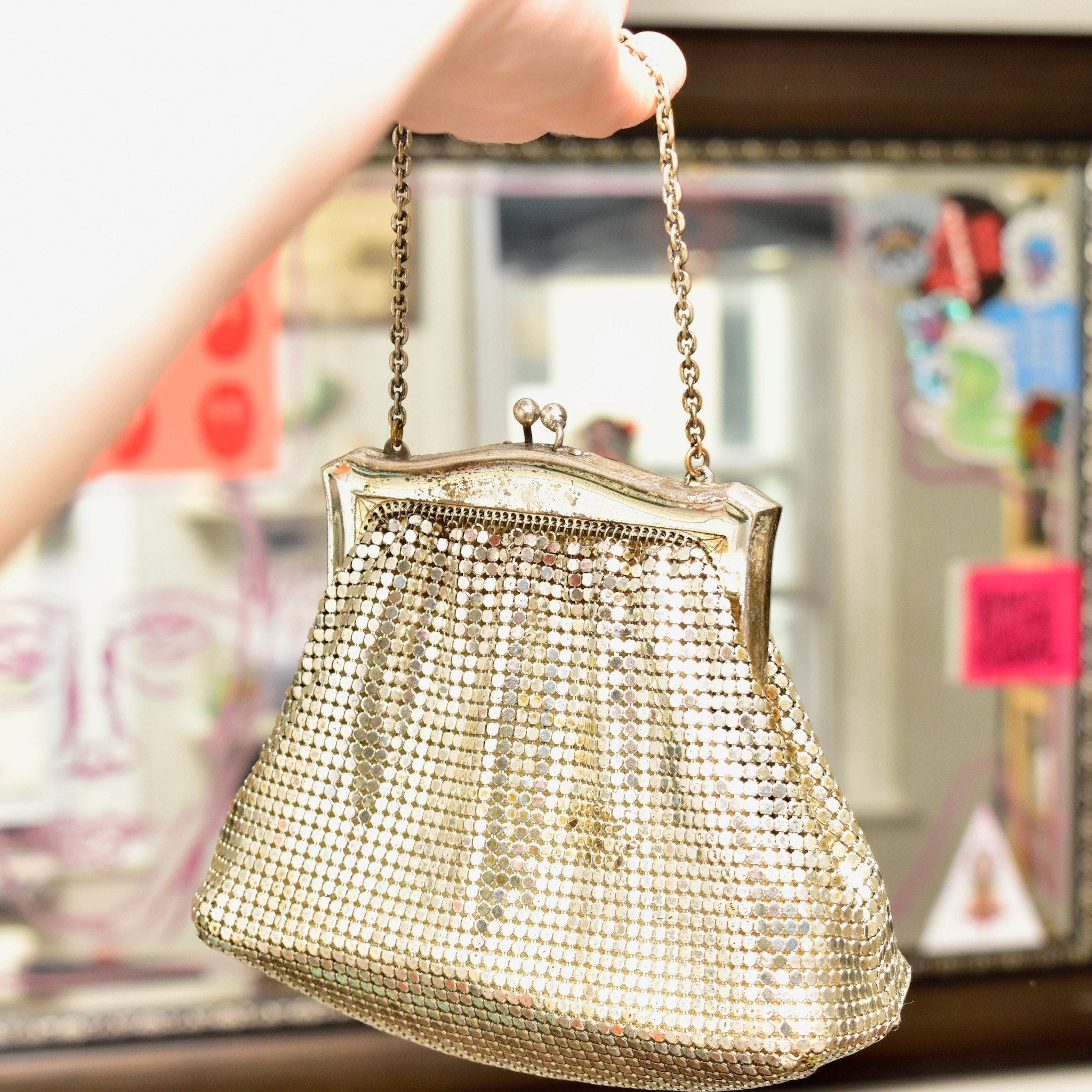 Vintage Whiting & Davis Co. Mesh Silver Evening Bag, Cute Sparkly Clutch/Coin Purse, Fancy Box Pouch, Upholstered Lining, Art Deco