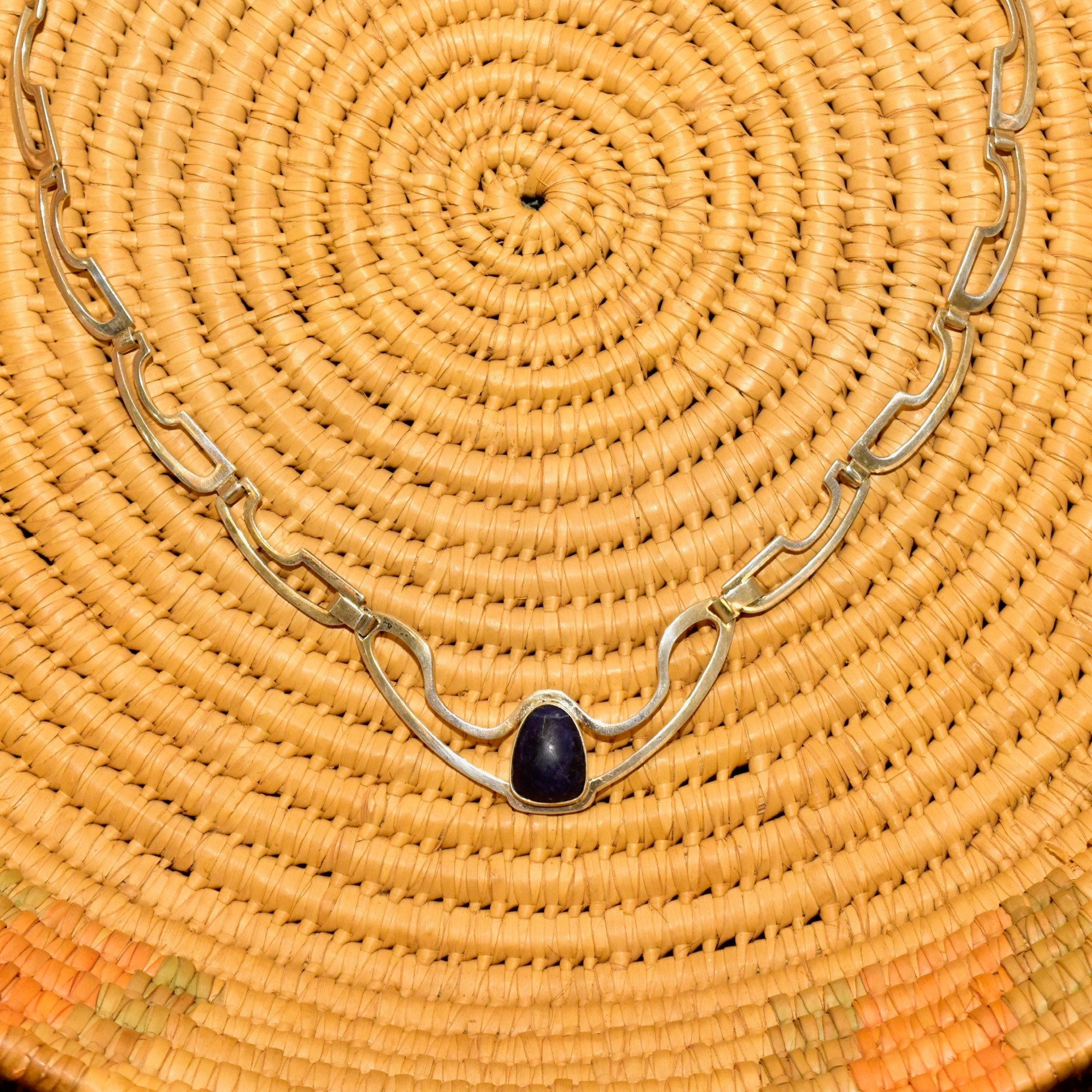 Vintage Signed TAXCO Modernist Sterling Silver Sodalite Chevron Pendant Necklace, Geometric Silver Cutout Links, RJC TR-26 Mexico, 22" L