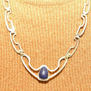 Vintage Signed TAXCO Modernist Sterling Silver Sodalite Chevron Pendant Necklace, Geometric Silver Cutout Links, RJC TR-26 Mexico, 22" L