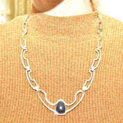 Vintage Signed TAXCO Modernist Sterling Silver Sodalite Chevron Pendant Necklace, Geometric Silver Cutout Links, RJC TR-26 Mexico, 22" L
