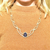 Vintage Signed TAXCO Modernist Sterling Silver Sodalite Chevron Pendant Necklace, Geometric Silver Cutout Links, RJC TR-26 Mexico, 22" L