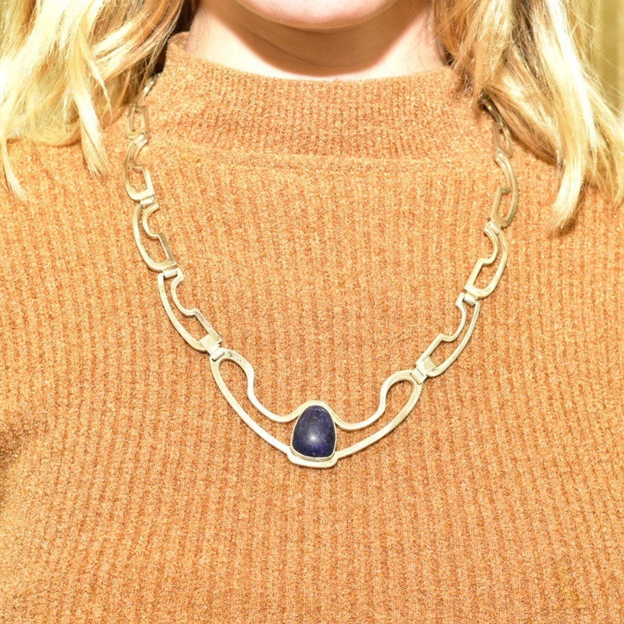 Vintage Signed TAXCO Modernist Sterling Silver Sodalite Chevron Pendant Necklace, Geometric Silver Cutout Links, RJC TR-26 Mexico, 22" L
