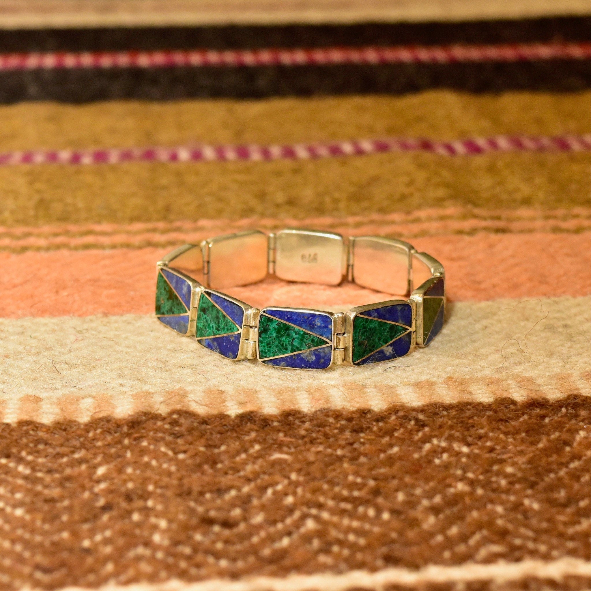 Vintage Sterling Silver Multi-Stone Link Bracelet, Geometric Malachite & Lapis Lazuli Inlay, Bohemian Modernist Bracelet, 7 1/4" L