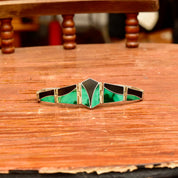 Vintage Sterling Silver Multi-Stone Inlay Bracelet, Geometric Black Onyx & Green Malachite Links, Bohemian Modernist Bracelet, 7 3/4" L