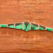 Vintage Sterling Silver Multi-Stone Inlay Bracelet, Geometric Black Onyx & Green Malachite Links, Bohemian Modernist Bracelet, 7 3/4" L