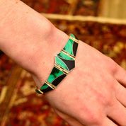 Vintage Sterling Silver Multi-Stone Inlay Bracelet, Geometric Black Onyx & Green Malachite Links, Bohemian Modernist Bracelet, 7 3/4" L