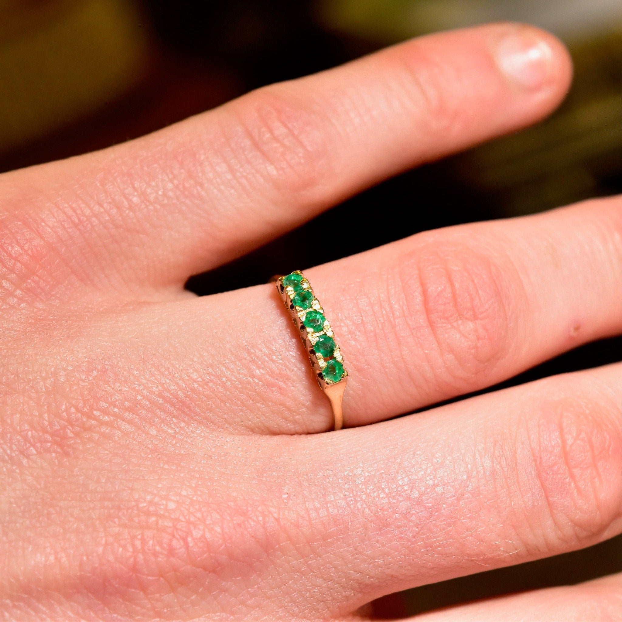 Vintage 14K Gold Emerald Half Eternity Ring, Round-Cut Gemstones, Yellow Gold Band, Anniversary/Wedding Ring, Size 7 1/2 US