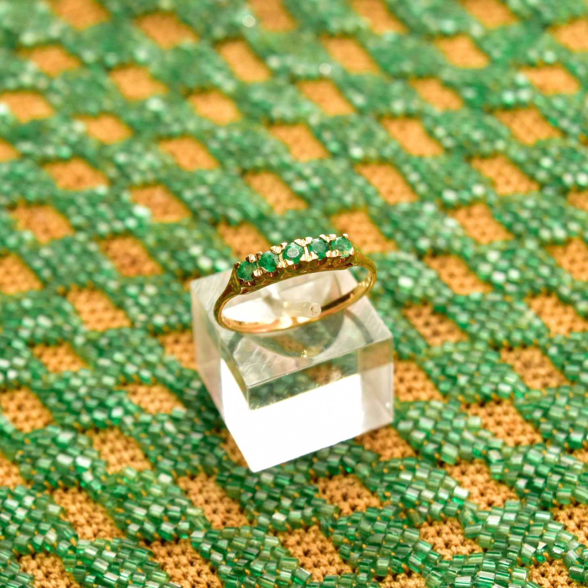 Vintage 14K Gold Emerald Half Eternity Ring, Round-Cut Gemstones, Yellow Gold Band, Anniversary/Wedding Ring, Size 7 1/2 US