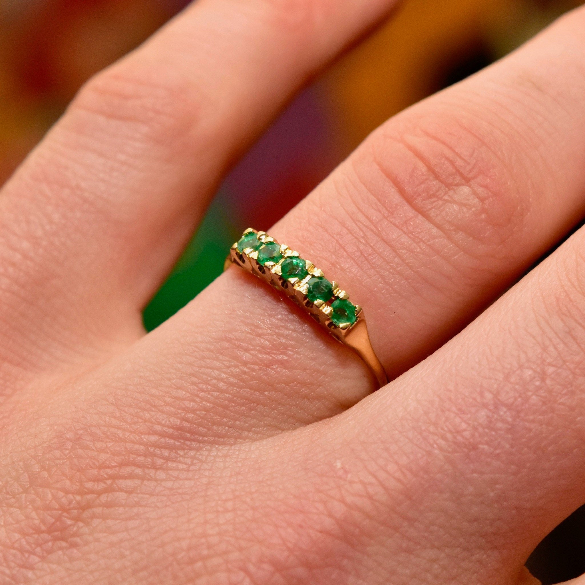 Vintage 14K Gold Emerald Half Eternity Ring, Round-Cut Gemstones, Yellow Gold Band, Anniversary/Wedding Ring, Size 7 1/2 US