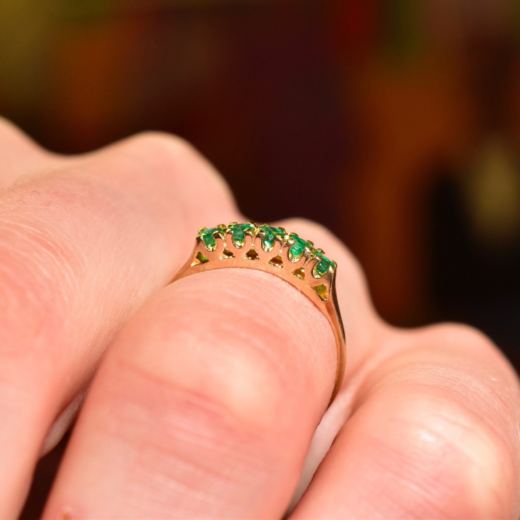 Vintage 14K Gold Emerald Half Eternity Ring, Round-Cut Gemstones, Yellow Gold Band, Anniversary/Wedding Ring, Size 7 1/2 US