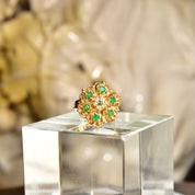 14K Emerald Diamond Cluster Dome Ring, Yellow Gold Gemstone Flower Cocktail Ring, Size 7 1/2 US