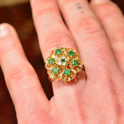 14K Emerald Diamond Cluster Dome Ring, Yellow Gold Gemstone Flower Cocktail Ring, Size 7 1/2 US