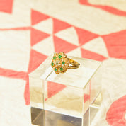 14K Emerald Diamond Cluster Dome Ring, Yellow Gold Gemstone Flower Cocktail Ring, Size 7 1/2 US