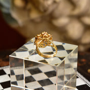 14K Emerald Diamond Cluster Dome Ring, Yellow Gold Gemstone Flower Cocktail Ring, Size 7 1/2 US