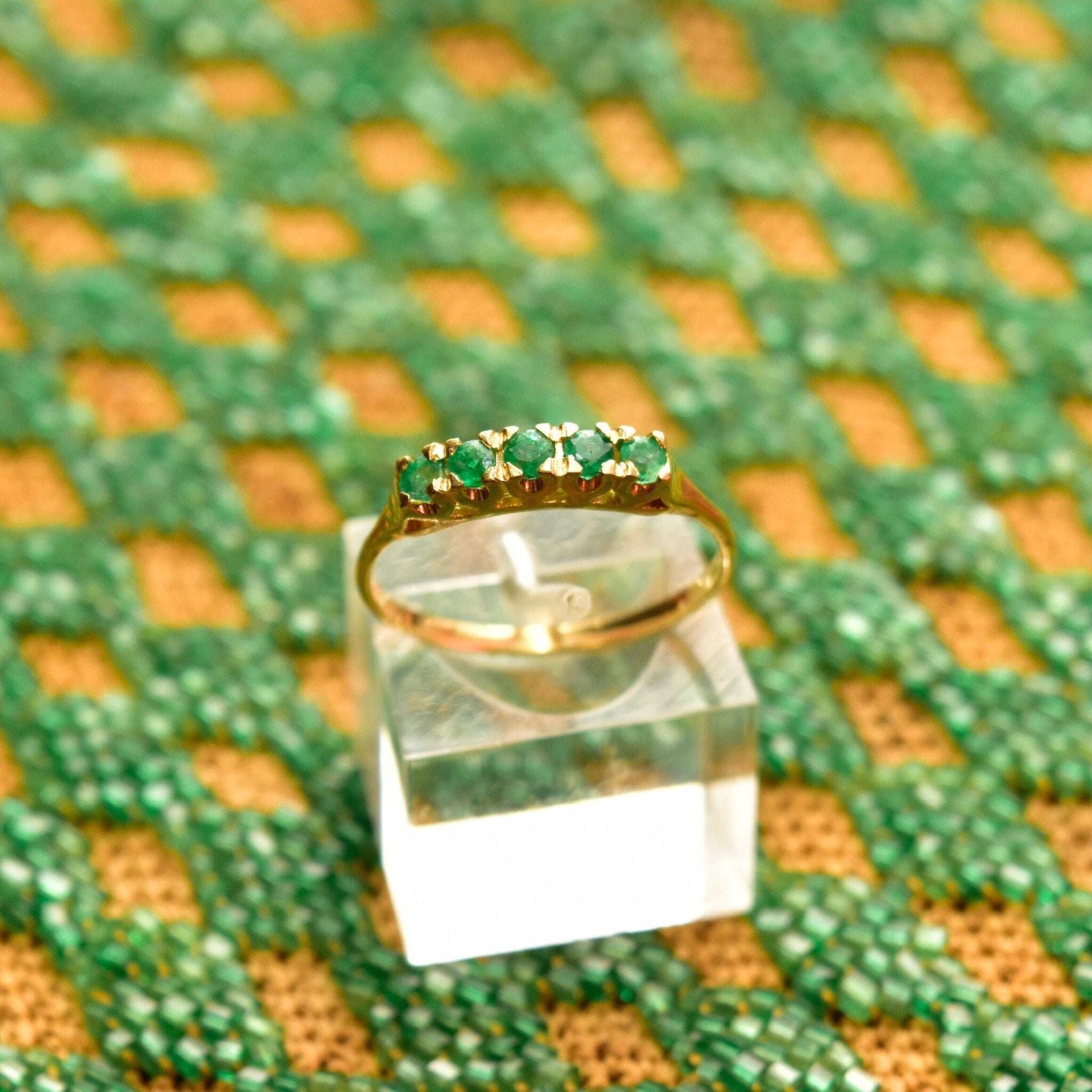 Vintage 14K Gold Emerald Half Eternity Ring, Round-Cut Gemstones, Yellow Gold Band, Anniversary/Wedding Ring, Size 7 1/2 US