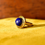 14K Lapis Lazuli Cabochon Ring, Hollow Yellow Gold Cocktail Ring, Cobalt Blue Gemstone Solitaire, Size 7 1/2 US