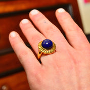 14K Lapis Lazuli Cabochon Ring, Hollow Yellow Gold Cocktail Ring, Cobalt Blue Gemstone Solitaire, Size 7 1/2 US