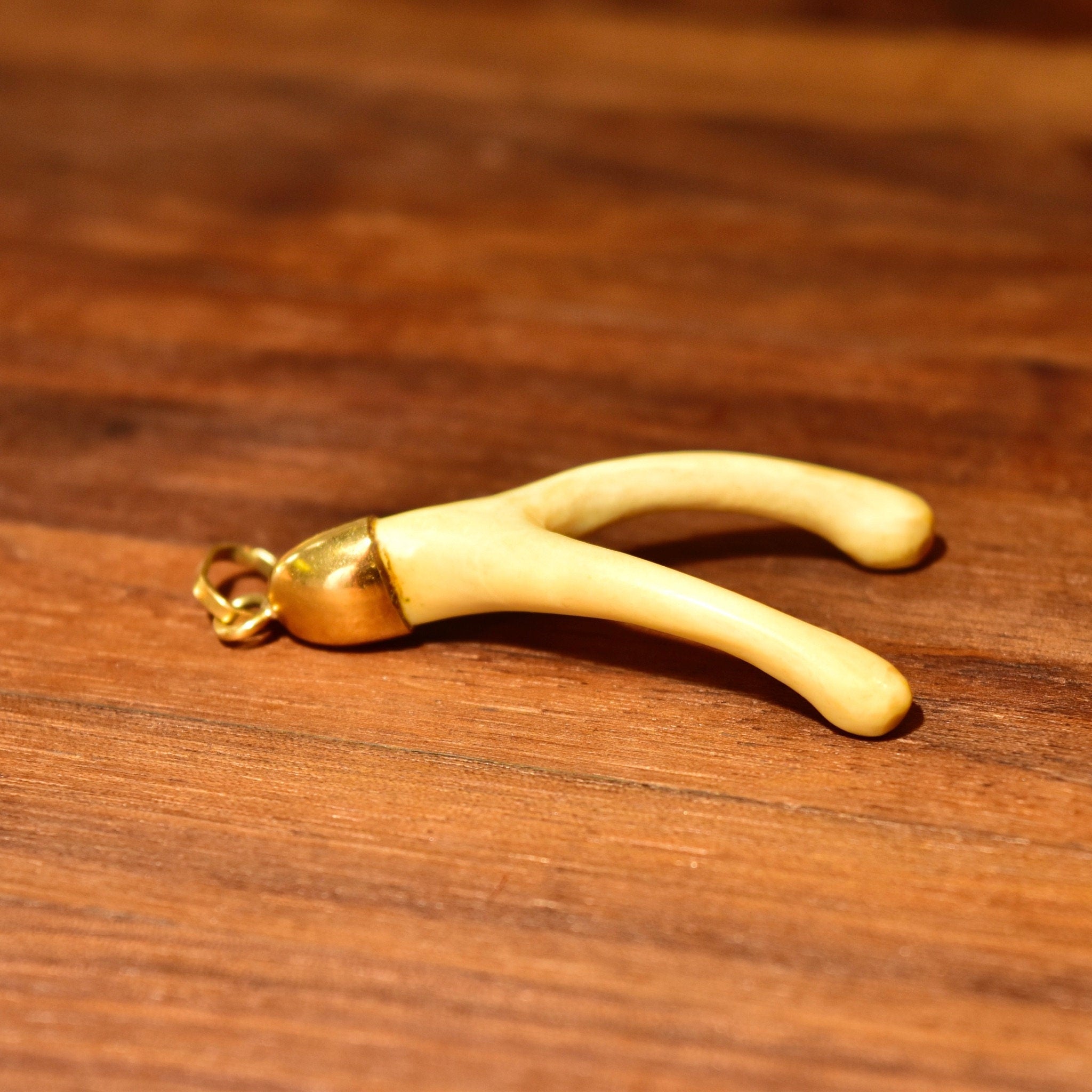 Vintage 18K Gold Wishbone Charm Pendant, Yellow Gold Cap & Bail, Epoxy Cast Bird Wishbone, Occultist Jewelry, 2 1/4" L