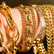 Vintage Mid-Century Gold Tone Beetle Link Bracelet, Chunky Multi-Row Link Chain, Curb Link Chains, Snap Clasp & Security Chain, 7 1/4"