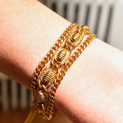 Vintage Mid-Century Gold Tone Beetle Link Bracelet, Chunky Multi-Row Link Chain, Curb Link Chains, Snap Clasp & Security Chain, 7 1/4"