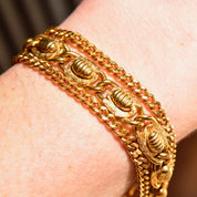 Vintage Mid-Century Gold Tone Beetle Link Bracelet, Chunky Multi-Row Link Chain, Curb Link Chains, Snap Clasp & Security Chain, 7 1/4"