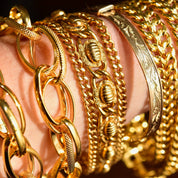 Vintage Mid-Century Gold Tone Beetle Link Bracelet, Chunky Multi-Row Link Chain, Curb Link Chains, Snap Clasp & Security Chain, 7 1/4"