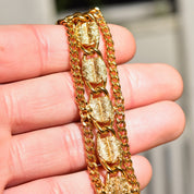 Vintage Mid-Century Gold Tone Beetle Link Bracelet, Chunky Multi-Row Link Chain, Curb Link Chains, Snap Clasp & Security Chain, 7 1/4"