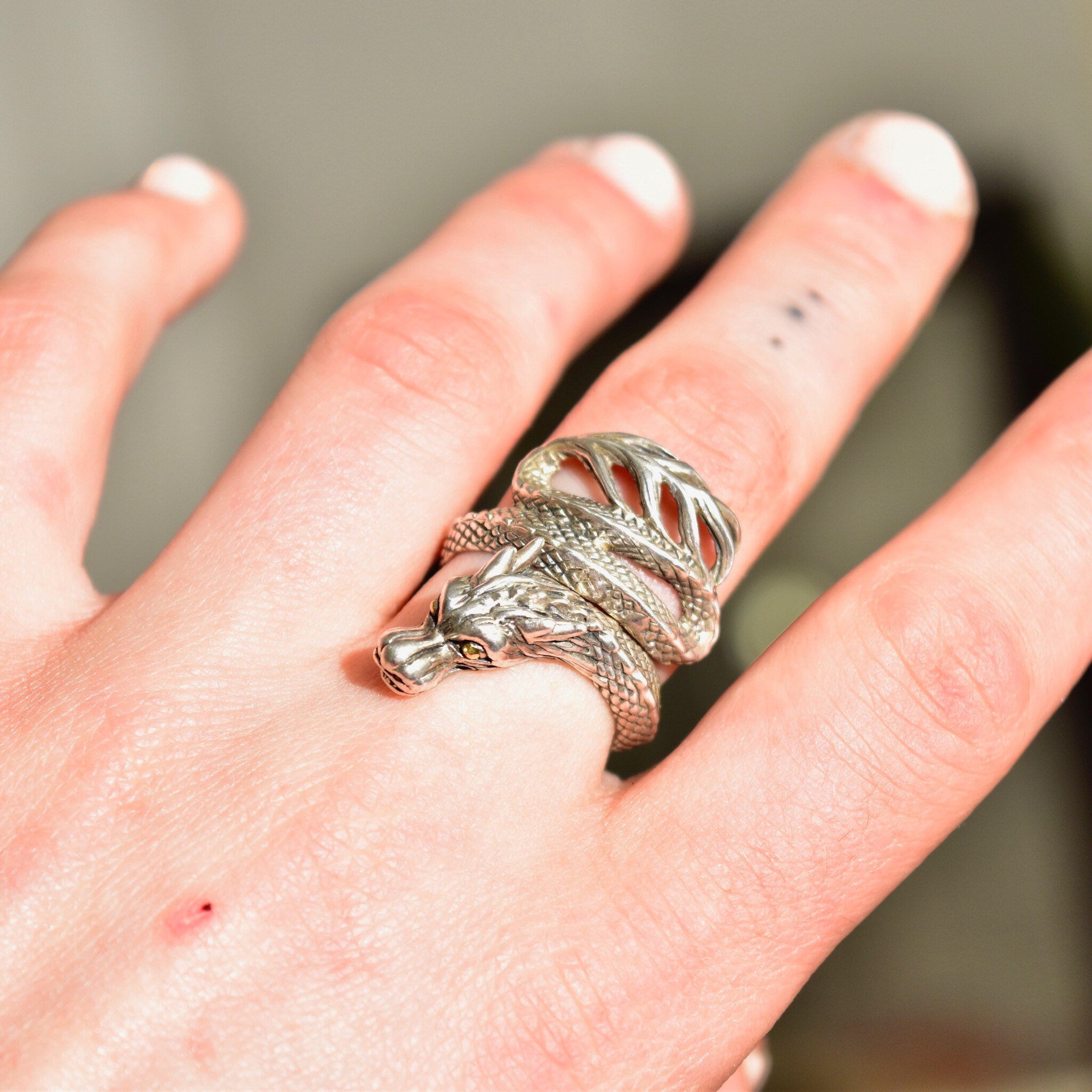 Vintage Sterling Silver + 18K Naga Dragon Coil Ring, After John Hardy, Gold Eyed Dragon Wrap Ring, Adjustable, Size 7-11 US