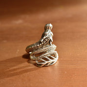 Vintage Sterling Silver + 18K Naga Dragon Coil Ring, After John Hardy, Gold Eyed Dragon Wrap Ring, Adjustable, Size 7-11 US