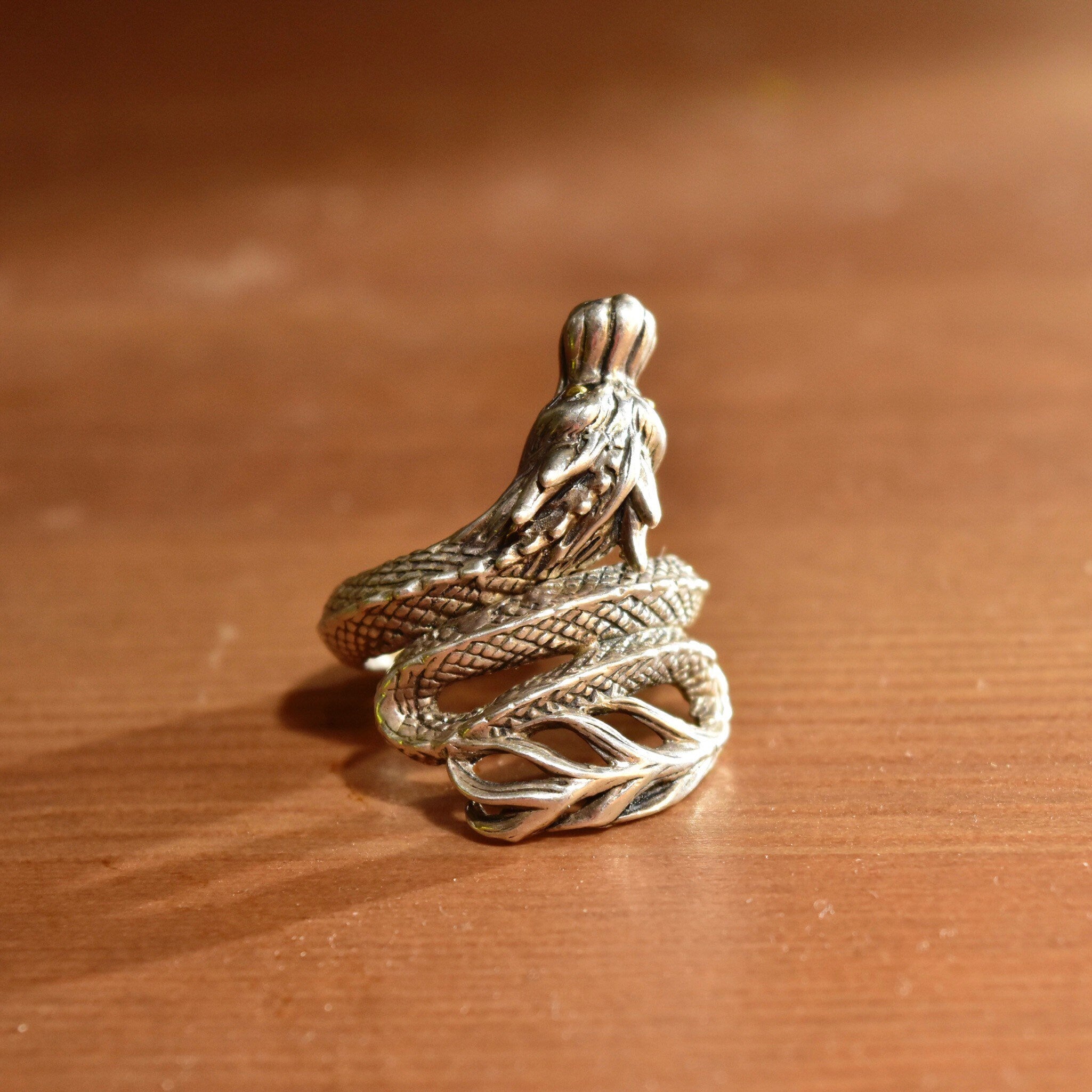 Vintage Sterling Silver + 18K Naga Dragon Coil Ring, After John Hardy, Gold Eyed Dragon Wrap Ring, Adjustable, Size 7-11 US