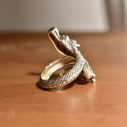 Vintage Sterling Silver + 18K Naga Dragon Coil Ring, After John Hardy, Gold Eyed Dragon Wrap Ring, Adjustable, Size 7-11 US