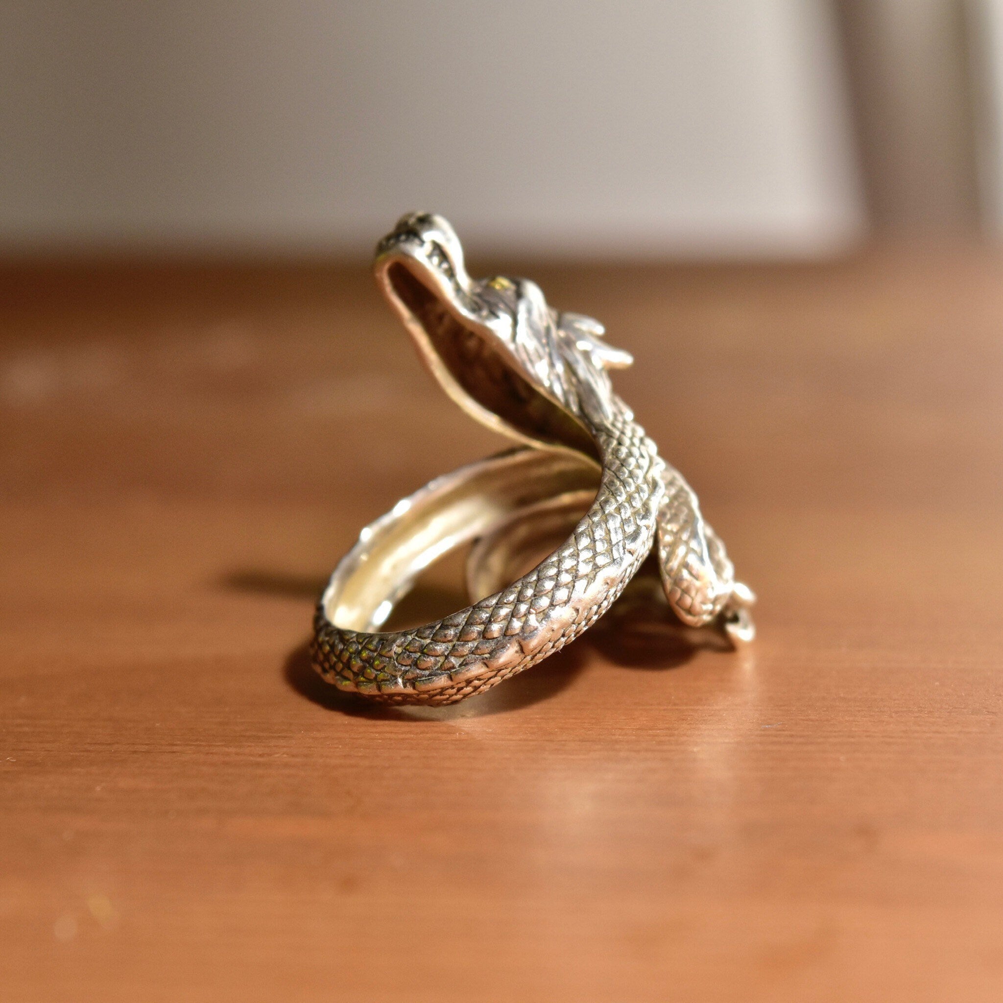 Vintage Sterling Silver + 18K Naga Dragon Coil Ring, After John Hardy, Gold Eyed Dragon Wrap Ring, Adjustable, Size 7-11 US