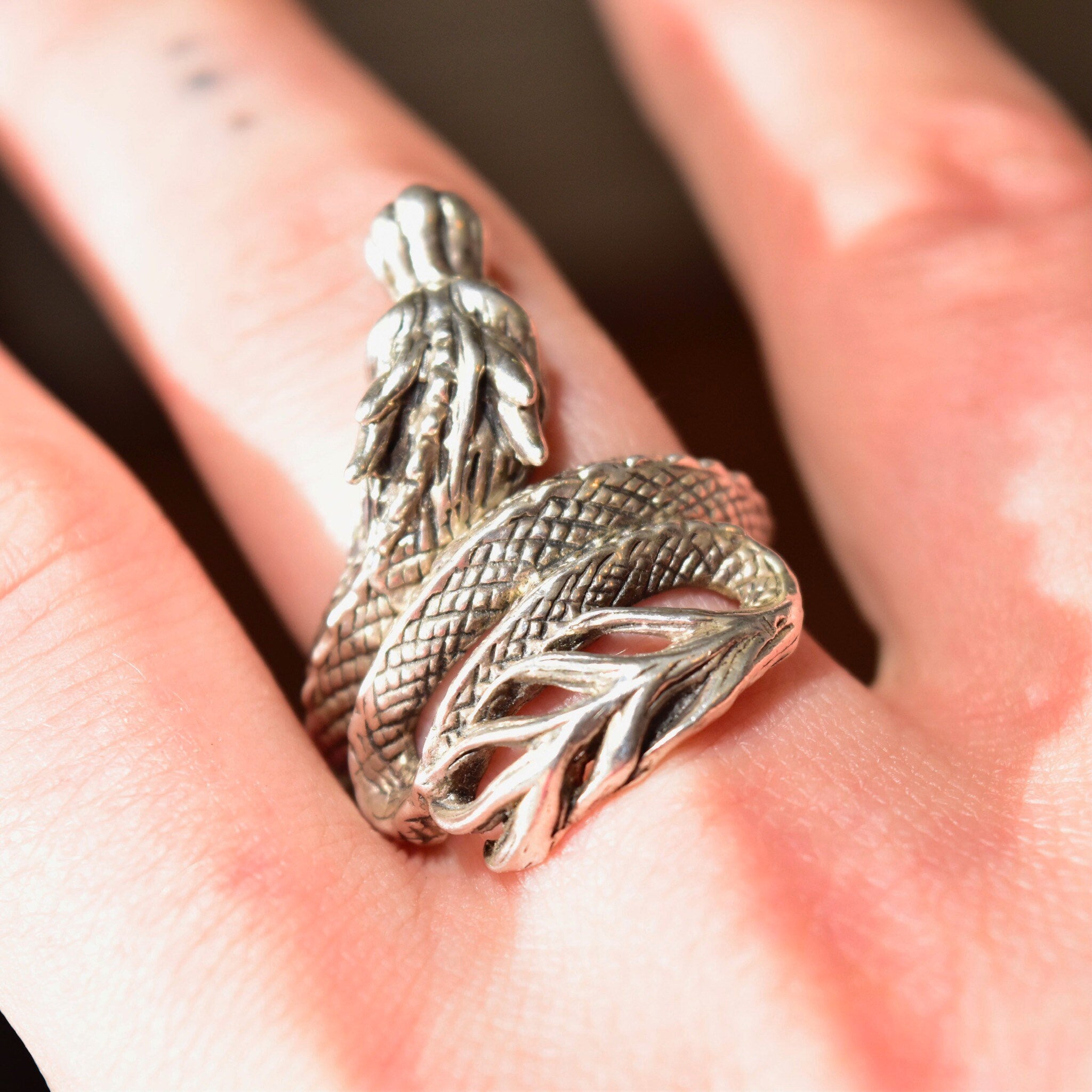 Vintage Sterling Silver + 18K Naga Dragon Coil Ring, After John Hardy, Gold Eyed Dragon Wrap Ring, Adjustable, Size 7-11 US
