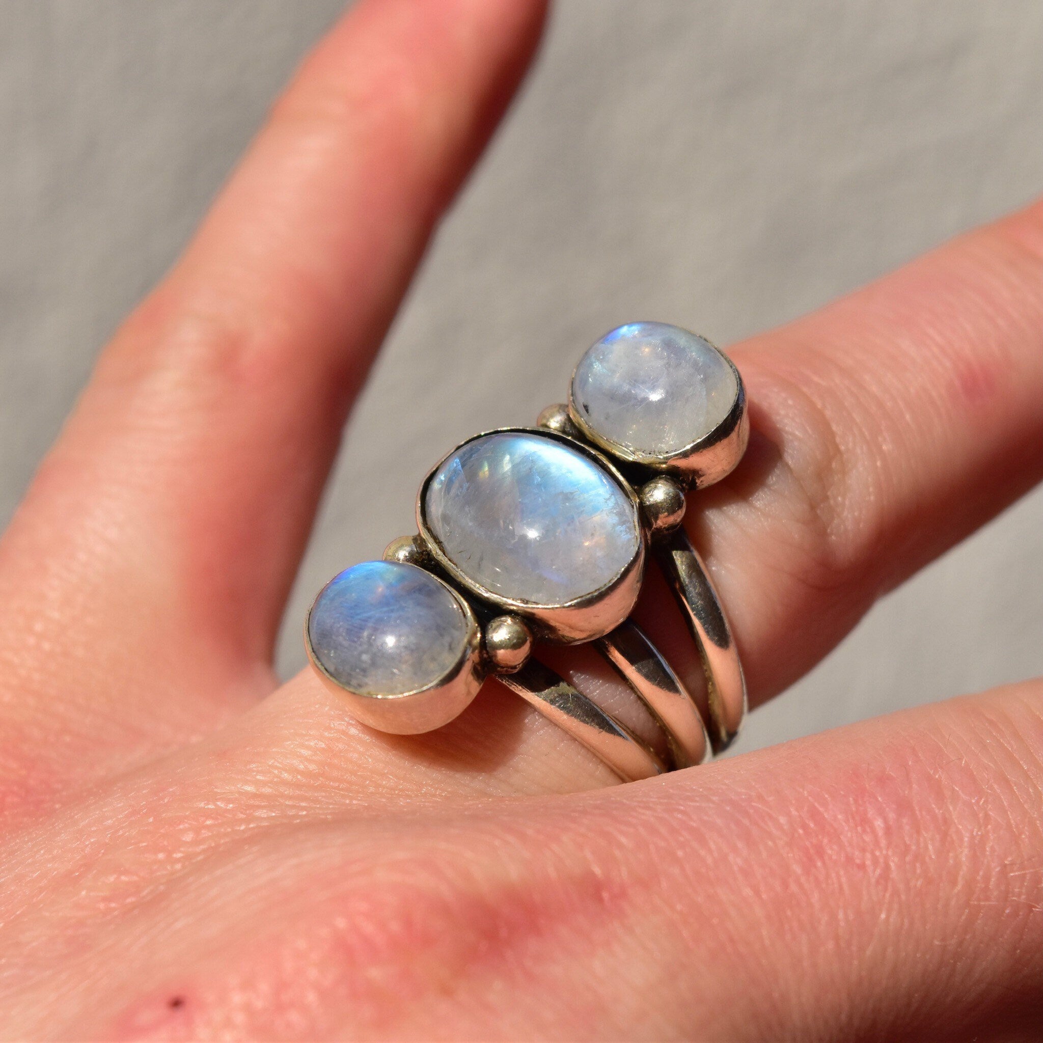 Vintage Signed Sterling Silver Triple Moonstone Ring, Elongated Gemstone Ring, Rainbow Moonstone, Nicky Butler India 925, Size 7 US