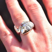 Vintage Hallmarked Sterling Silver + 18K Koi Fish Coil Ring, Scaled Silver Fish Ring, Lucky Carp Ring, Gold Eye Accents, Size 8 1/2 US