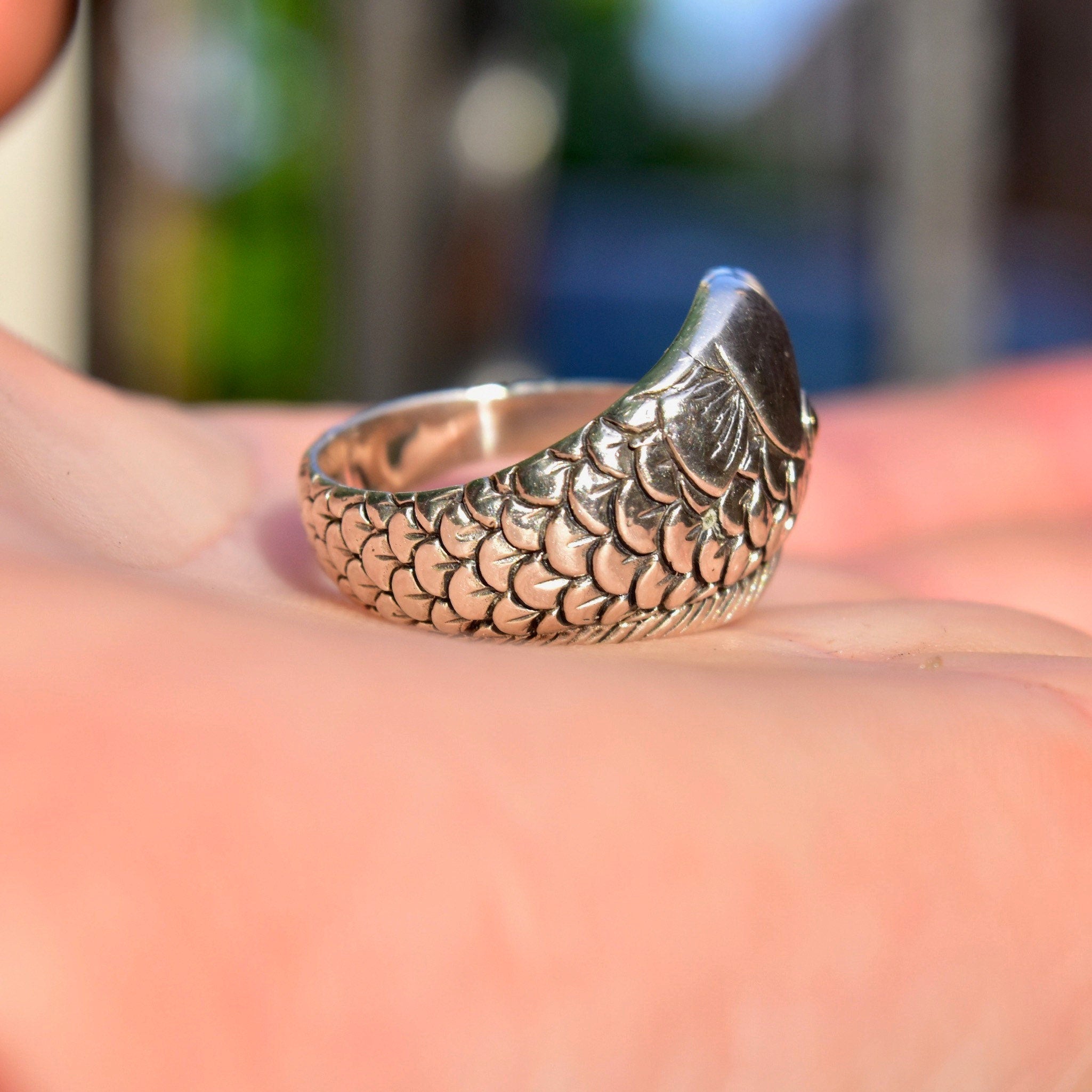 Vintage Hallmarked Sterling Silver + 18K Koi Fish Coil Ring, Scaled Silver Fish Ring, Lucky Carp Ring, Gold Eye Accents, Size 8 1/2 US