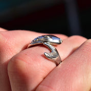Vintage Hallmarked Sterling Silver + 18K Koi Fish Coil Ring, Scaled Silver Fish Ring, Lucky Carp Ring, Gold Eye Accents, Size 8 1/2 US