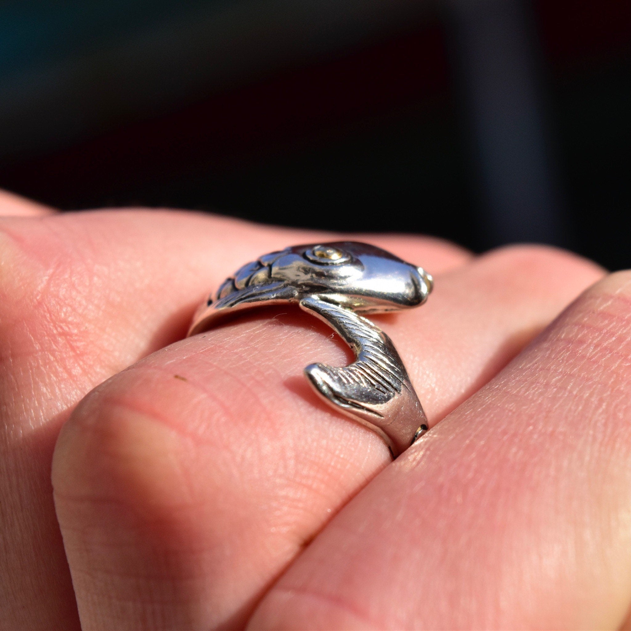 Vintage Hallmarked Sterling Silver + 18K Koi Fish Coil Ring, Scaled Silver Fish Ring, Lucky Carp Ring, Gold Eye Accents, Size 8 1/2 US