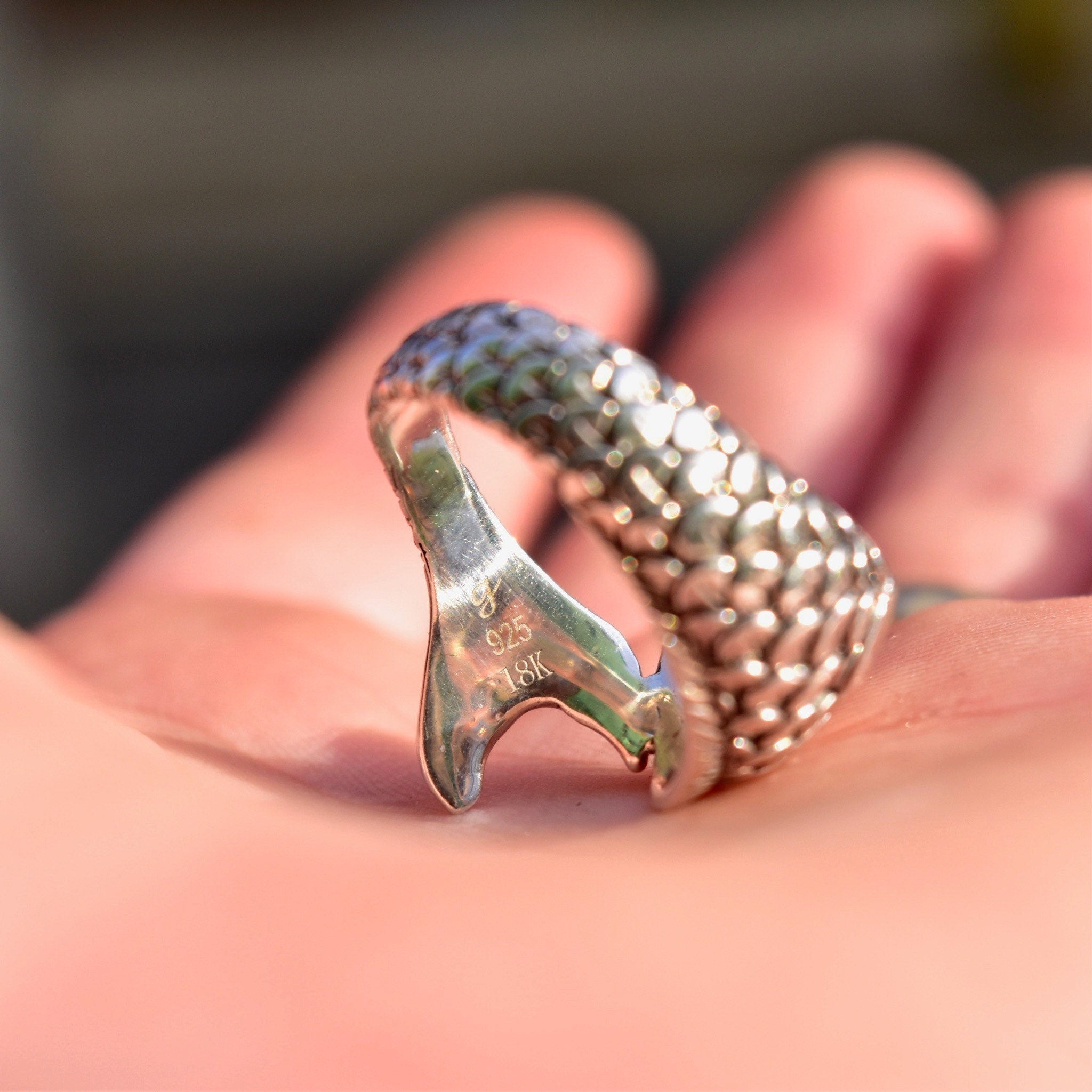 Vintage Hallmarked Sterling Silver + 18K Koi Fish Coil Ring, Scaled Silver Fish Ring, Lucky Carp Ring, Gold Eye Accents, Size 8 1/2 US