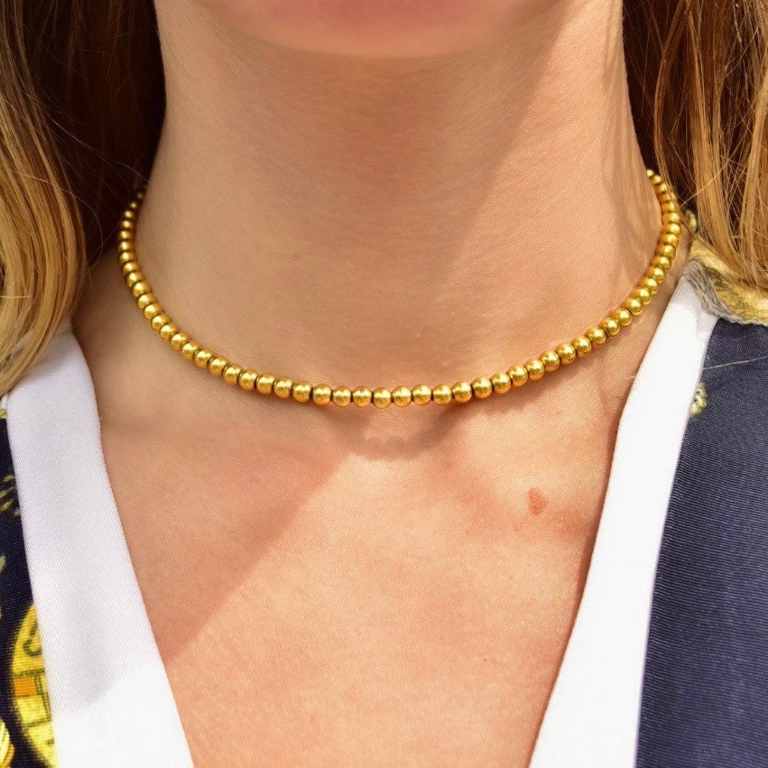 Vintage 14K Yellow Gold Beaded Choker Necklace, 4.25mm Gold Beads Strung On Foxtail Chain, Stacking Necklace, 585 Jewelry, 14" L