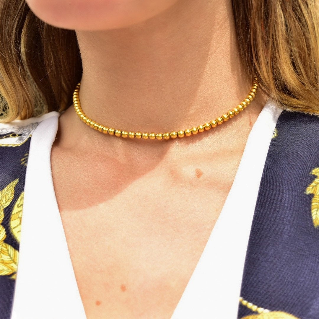 Vintage 14K Yellow Gold Beaded Choker Necklace, 4.25mm Gold Beads Strung On Foxtail Chain, Stacking Necklace, 585 Jewelry, 14" L