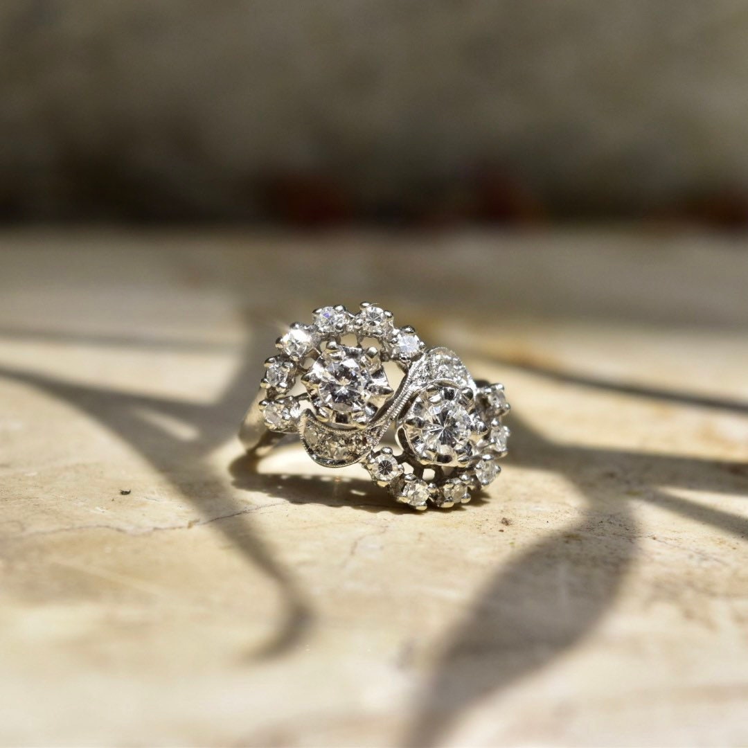 Dazzling 14K White Gold Double Bypass Diamond Cluster Ring, .92 TCW, Harold Freeman EREV, Size 7 US